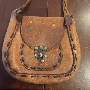 Vintage Brown Leather Crossbody Bag with Floral Accents
